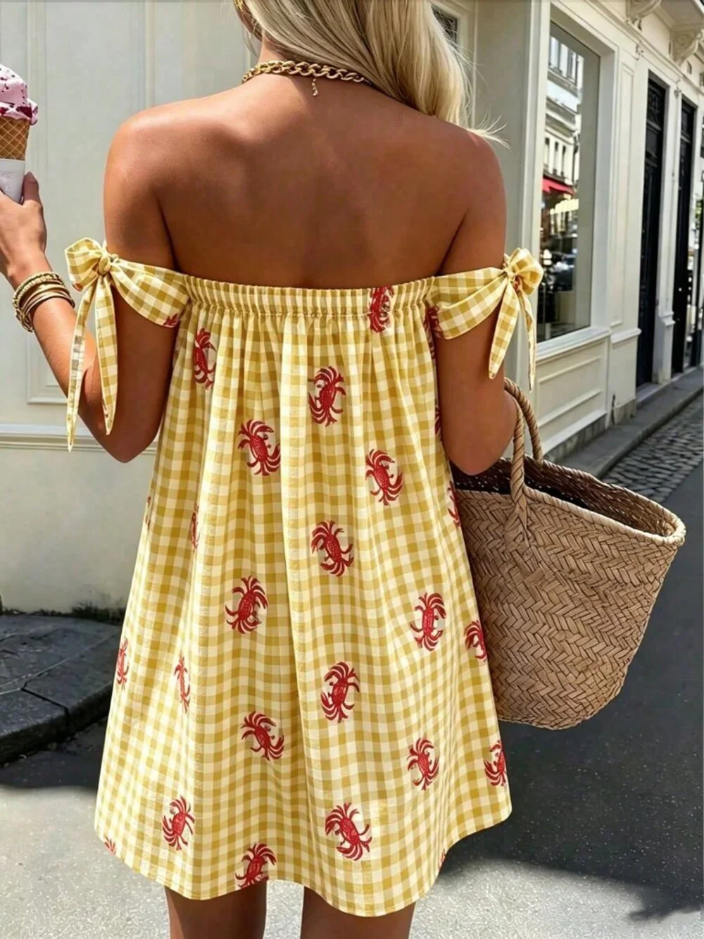 Yellow Elegant Women's Short Plaid Crab Embroidered Strapless A-Line Mini Dress - Picture 2 of 7